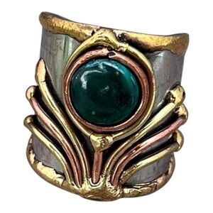 Mixed Metal Ring with Malachite Stone Anju Janya Collection Adjustable NEW